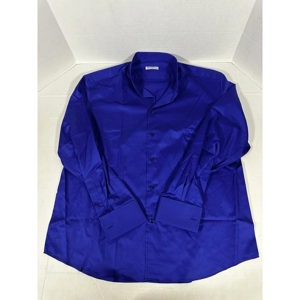 Morcouture Mens Royal Blue‎ High Collar French Cuff Dress Shirt Hidden Placket